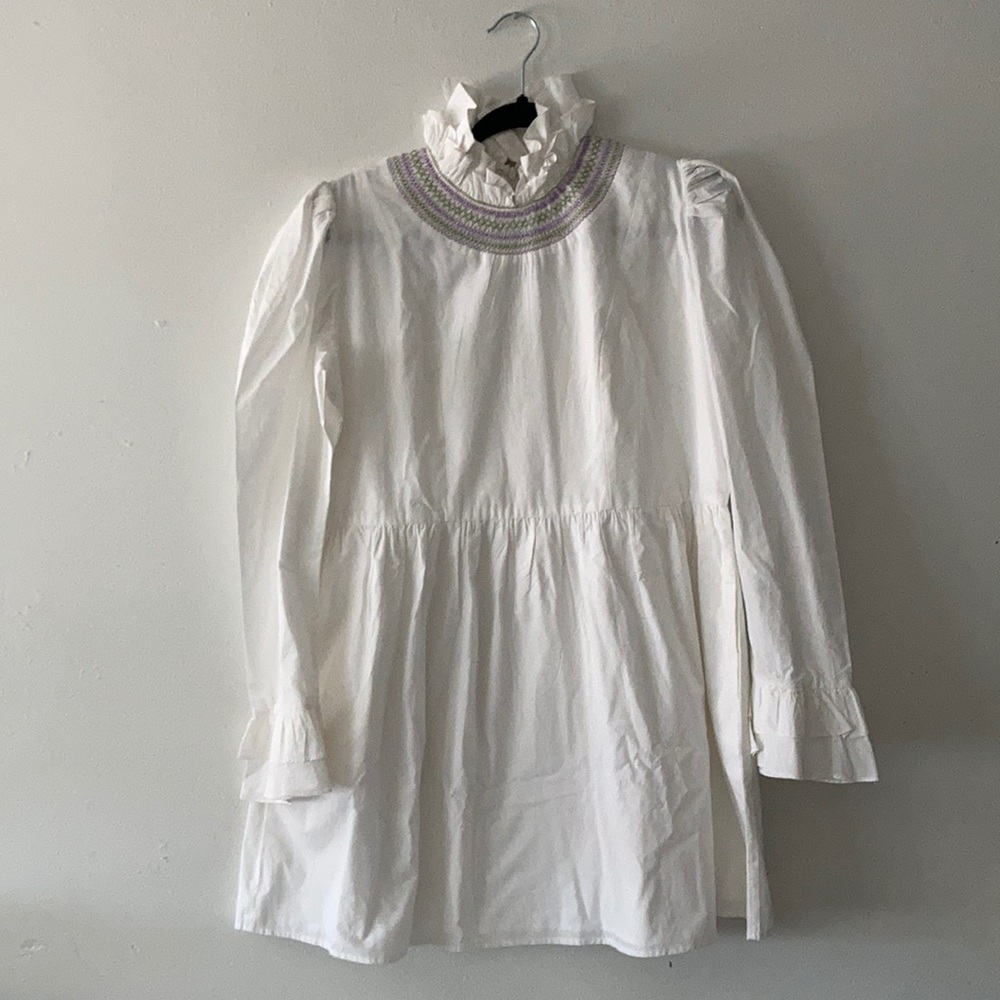Batsheva: Smocked Mini Dress in White Cotton Sz10